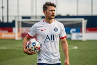 Joueur professionnel du PSG en tenue d'entraînement tenant un ballon sur le terrain du centre d'entraînement du club