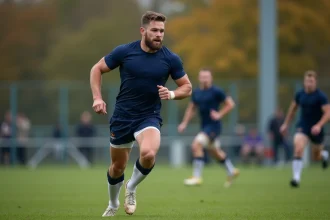 Jeune joueur rugby en action sur le terrain automnal