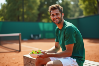 Jeune joueur de tennis avec salade sur banc extérieur