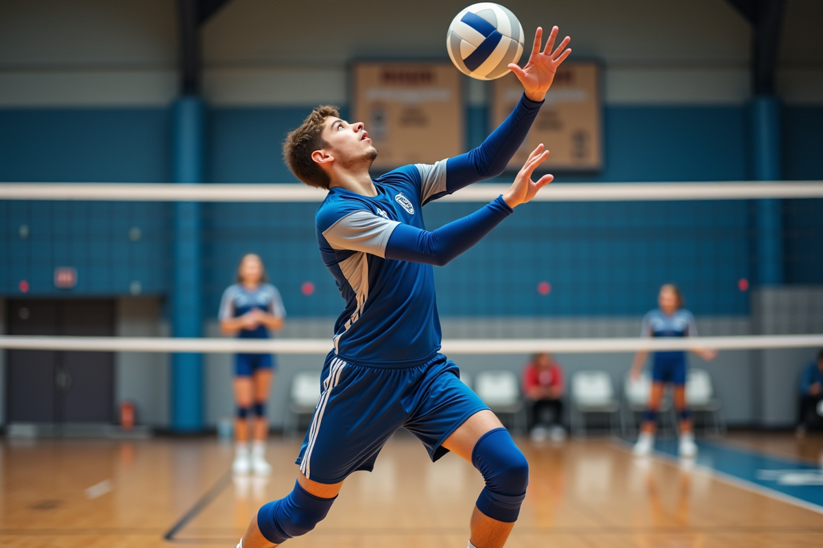 Jeune joueur de volleyball en action lors d'un match intérieur