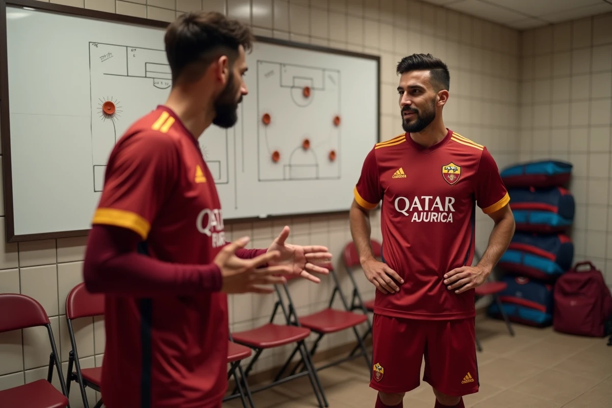 Deux joueurs de l'AS Roma en discussion tactique devant un tableau stratégique dans l'espace vestiaire du club