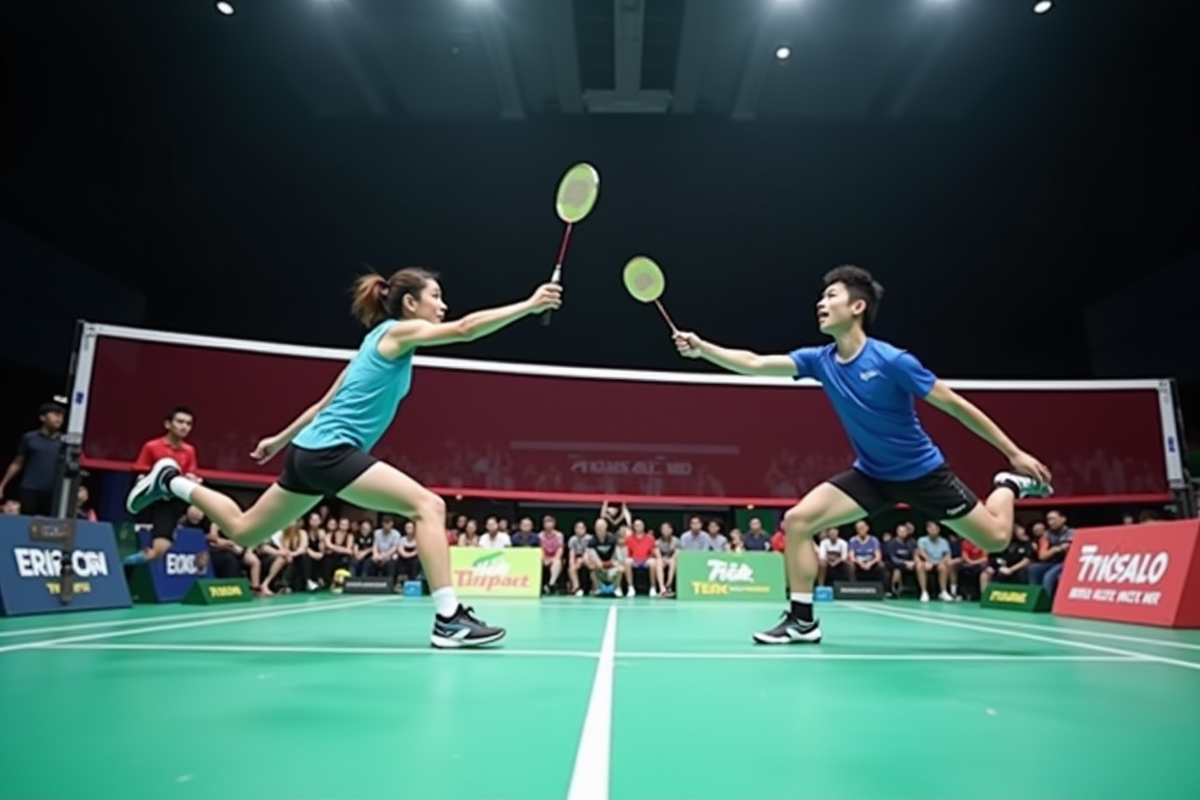 Deux joueurs de badminton en action lors d'un match dynamique