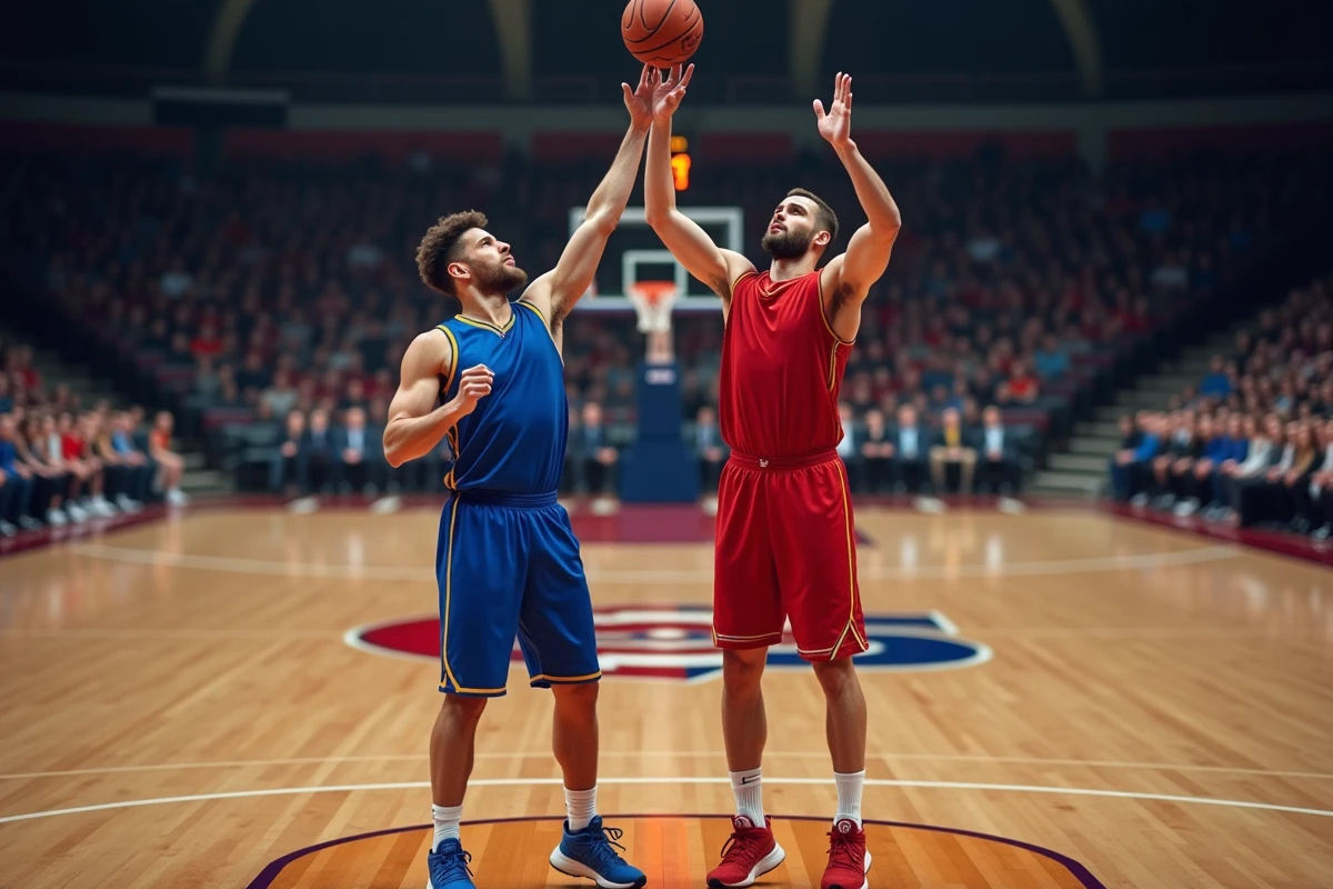Deux joueurs de basket en début de match lors du jump ball qui lance le chronomètre officiel