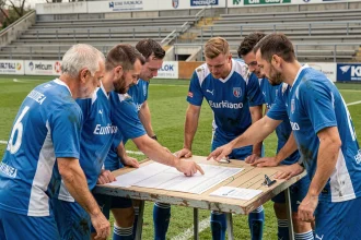 Joueurs de football amateur du district Aisne consultant les résultats sur une feuille de match en bord de terrain