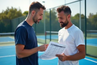 Deux joueurs de padel consultant un classement P100 sur papier près d'un terrain extérieur, échangeant sur la répartition des points