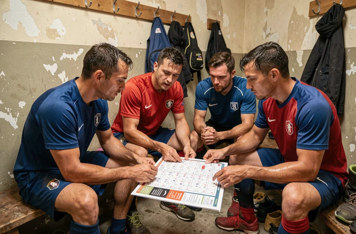 Joueurs de football amateur analysant le calendrier de la Fédérale 2 poule 3 dans un vestiaire après un match