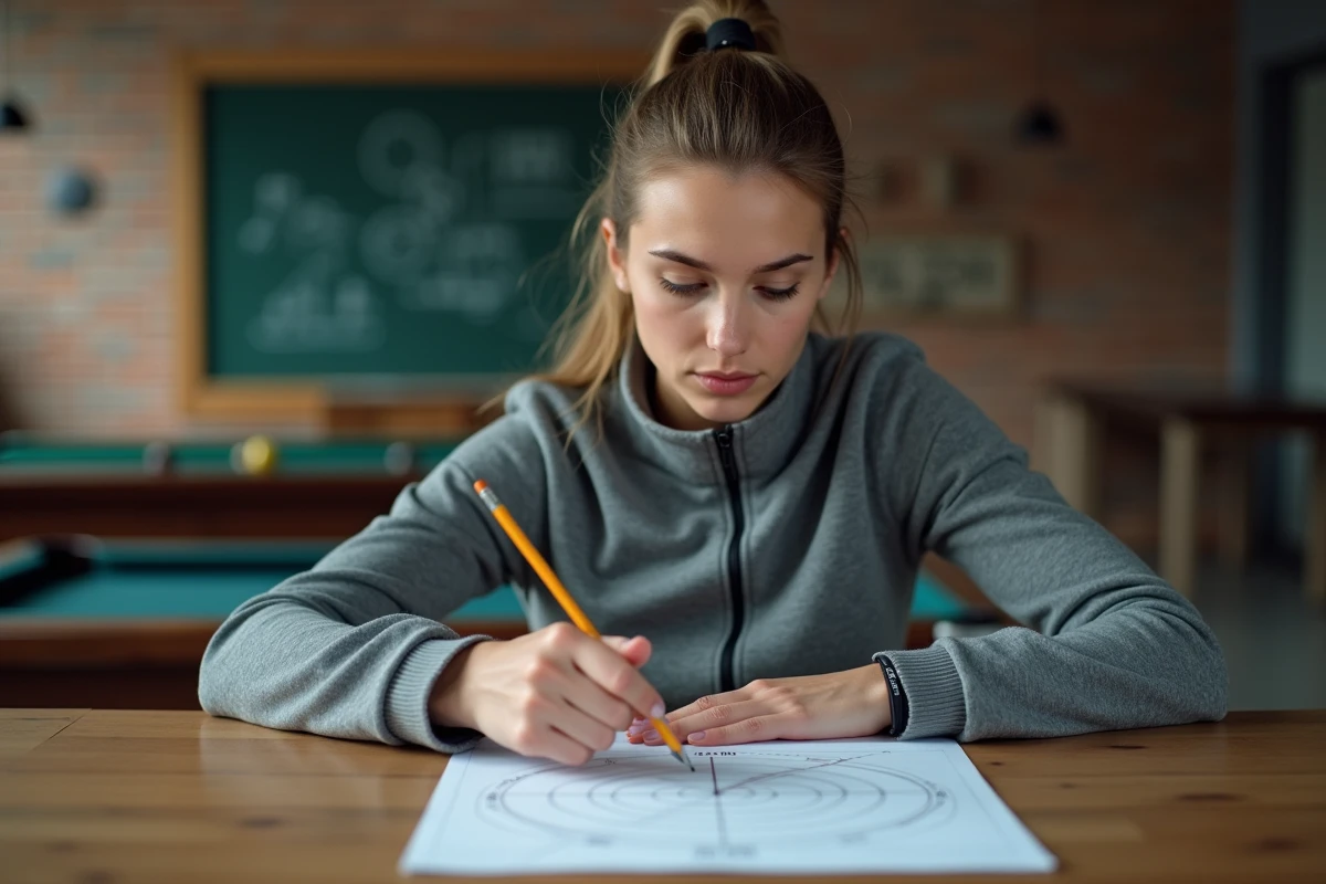 Joueuse de billard étudiant un tableau de calcul de rotation en degrés pour optimiser son entraînement
