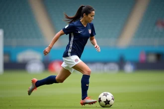 Joueuse de football en plein dribble sur un terrain de pelouse naturelle, représentant le style de jeu dynamique de Mia Hamm