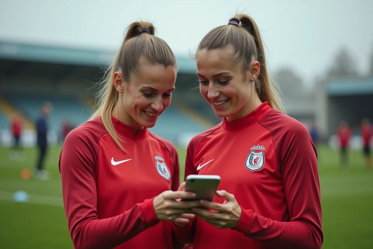 Deux joueuses de football féminin consultant des informations de transfert sur smartphone en bord de terrain
