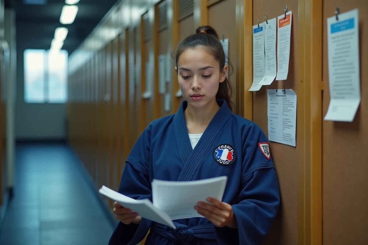 Judokate lisant des documents administratifs de la fédération France Judo dans un dojo