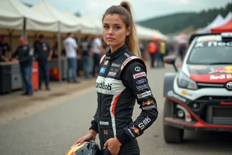 Laurène Godey en combinaison de pilote rallye devant une voiture de compétition dans le parc d'assistance