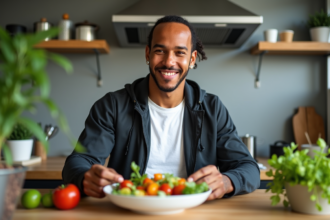 Lewis Hamilton préparant une salade vegan dans une cuisine moderne