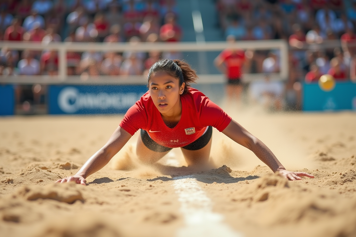 Libero féminin plongeant sur un terrain de sable extérieur