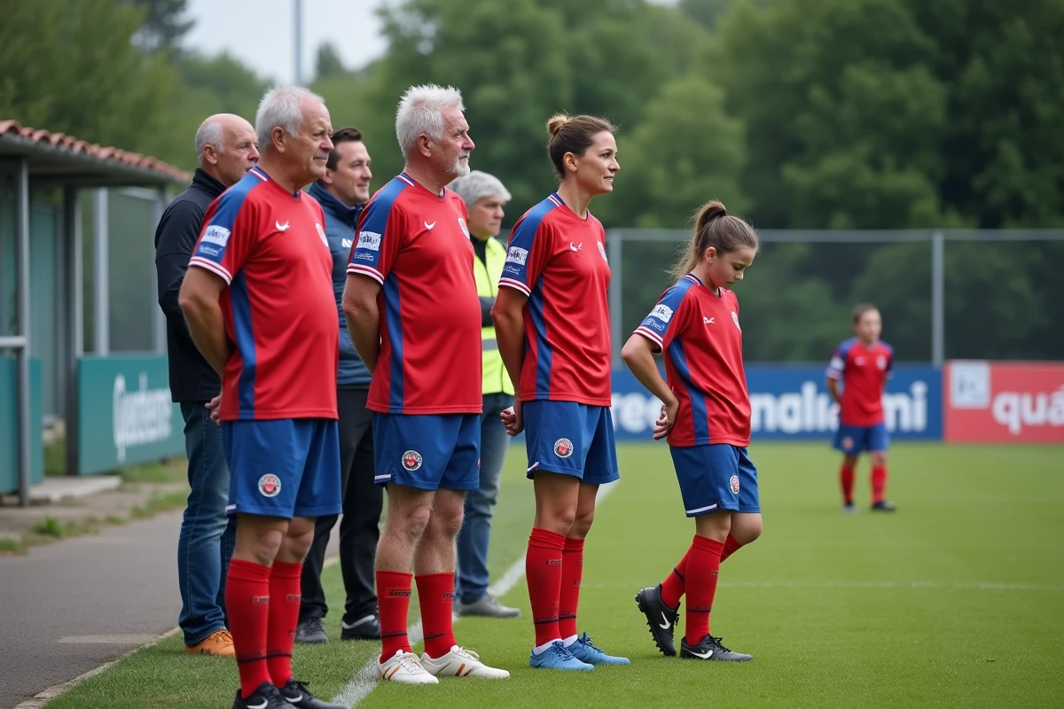 Groupe mixte de joueurs amateurs sur le bord du terrain