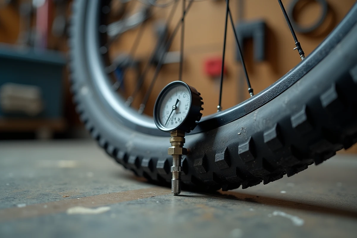 Gros plan sur un manomètre analogique inséré dans la valve d'un pneu VTT 26 pouces en atelier