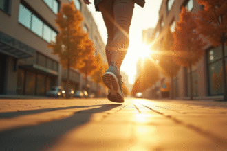Personne marchant rapidement en ville avec des sneakers au soleil