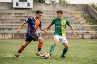Match de football amateur Fédérale 2 poule 3, deux joueurs en duel sur la pelouse d'un stade régional