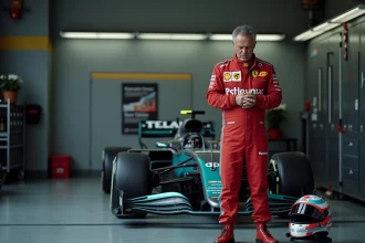 Mécanicien de Formule 1 en deuil dans le garage, tête baissée devant un casque orné de fleurs blanches en hommage