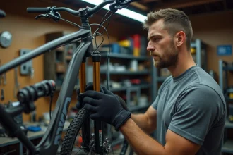 Mécanicien vélo inspectant la fourche suspension Manitou Comp pour détecter une fuite d'huile en atelier