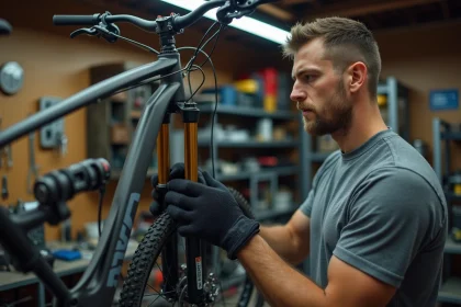 Mécanicien vélo inspectant la fourche suspension Manitou Comp pour détecter une fuite d'huile en atelier