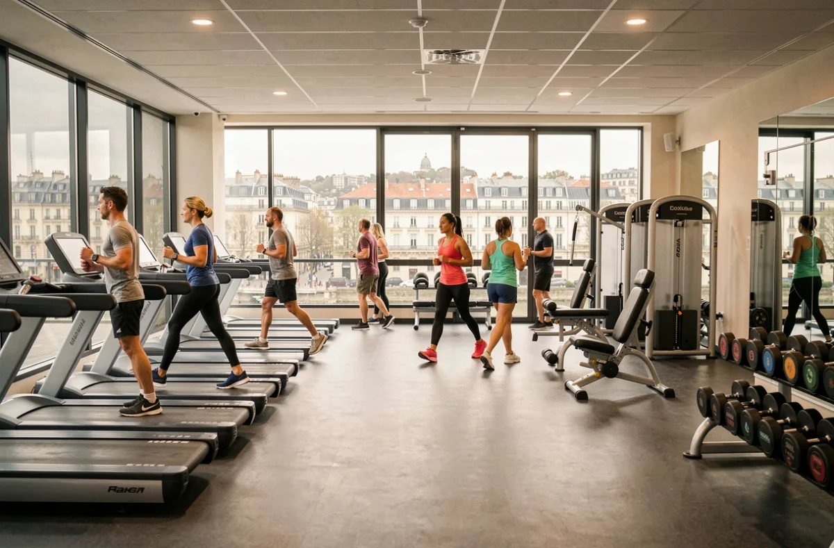Vue panoramique d'une salle de sport moderne dans le Rhône avec équipements fitness et membres s'entraînant