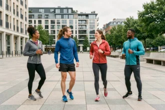 Groupe de coachs sportifs dans le Nord lors d'une séance d'entraînement en plein air à Lille