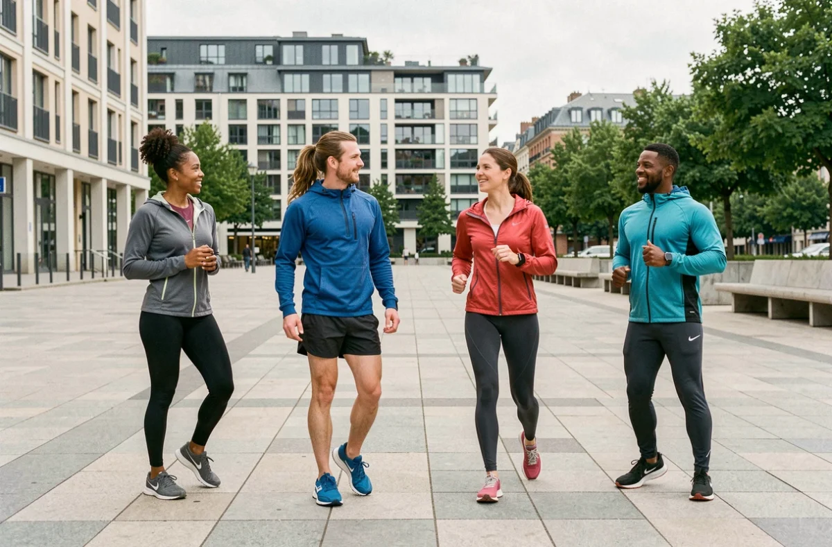 Groupe de coachs sportifs dans le Nord lors d'une séance d'entraînement en plein air à Lille