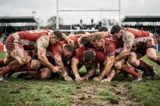 Joueurs de rugby fédéral en mêlée lors d'un match du week-end, jerseys boueux rouge et blanc