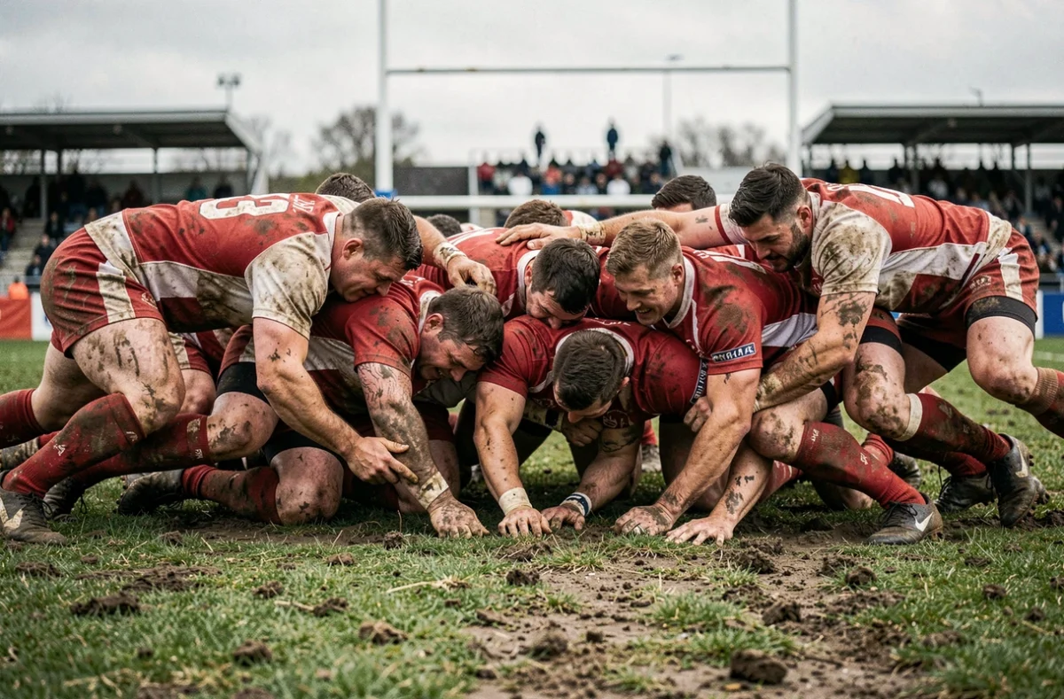 Joueurs de rugby fédéral en mêlée lors d'un match du week-end, jerseys boueux rouge et blanc