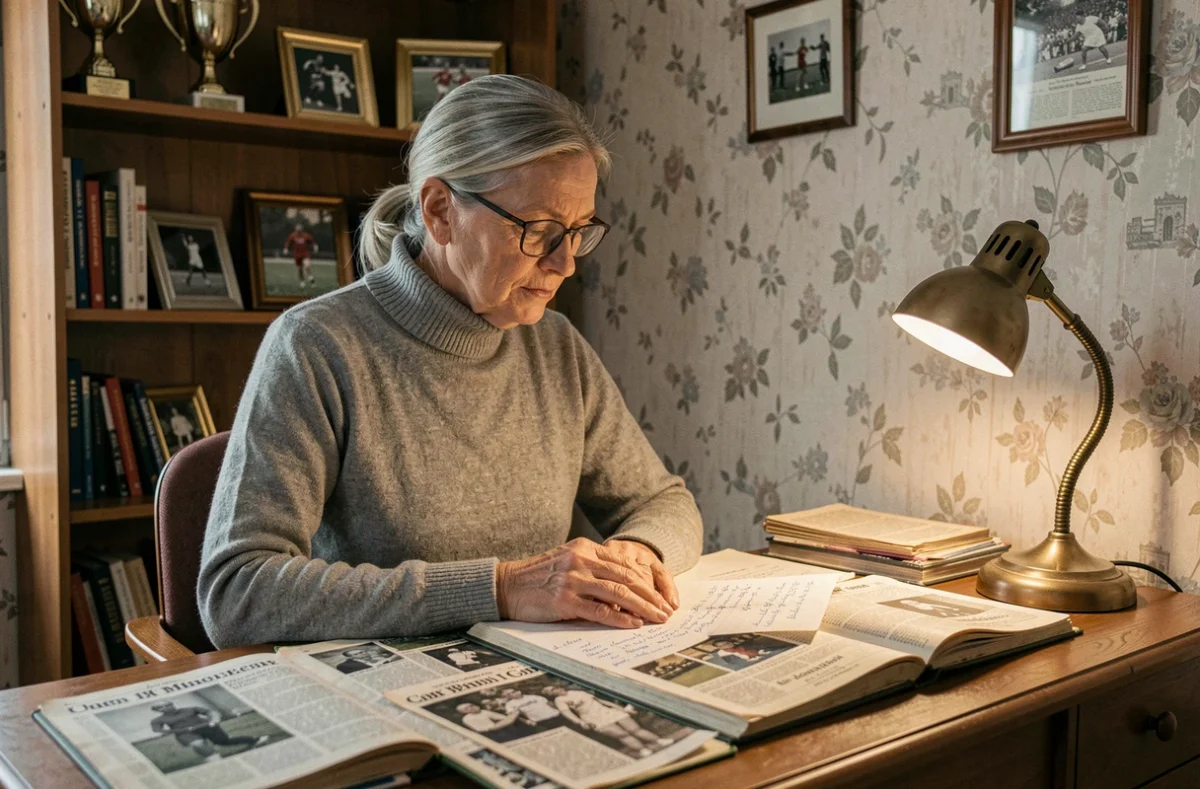 Mère contemplant des albums souvenirs de la carrière sportive de sa fille, symbole de sacrifices et d'éducation
