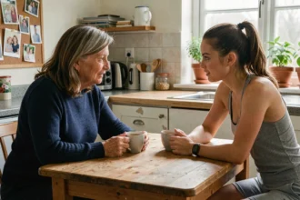 Mère et fille en discussion autour d'une table de cuisine, illustrant le soutien maternel et les sacrifices familiaux