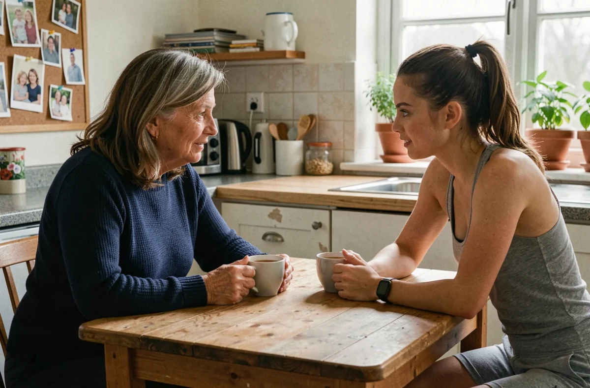 Mère et fille en discussion autour d'une table de cuisine, illustrant le soutien maternel et les sacrifices familiaux