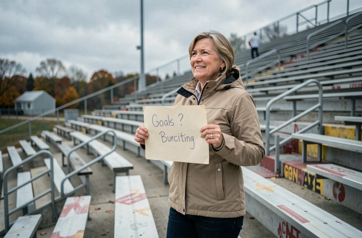 Mère supportrice dans un stade tenant une pancarte d'encouragement pour sa fille athlète