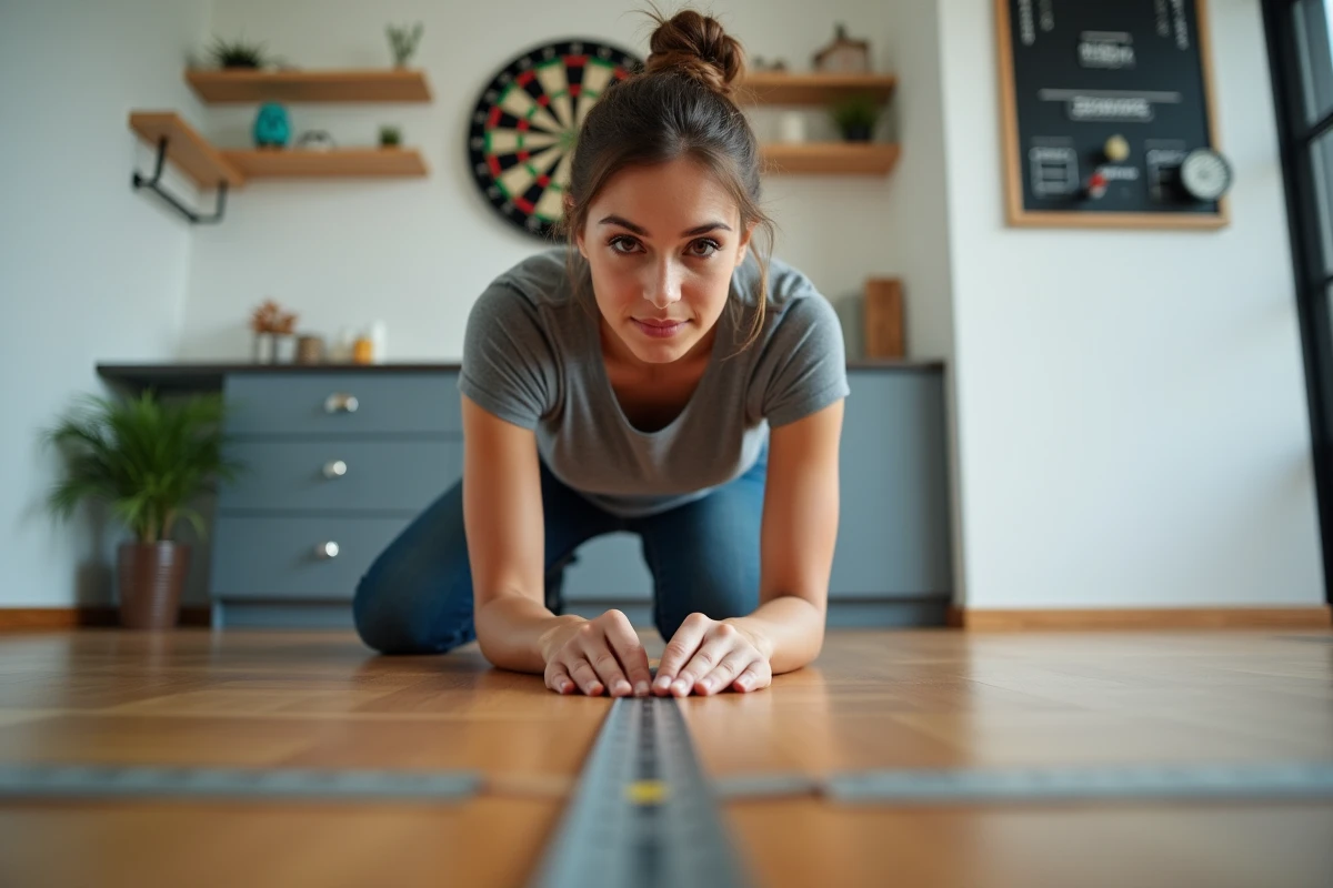 Femme mesurant la distance réglementaire entre la cible et la ligne de lancer pour un jeu de fléchettes précis à domicile