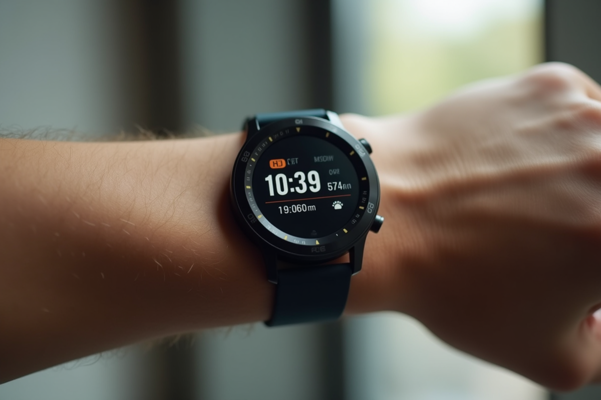 Montre connectée affichant le nombre de pas et kilomètres