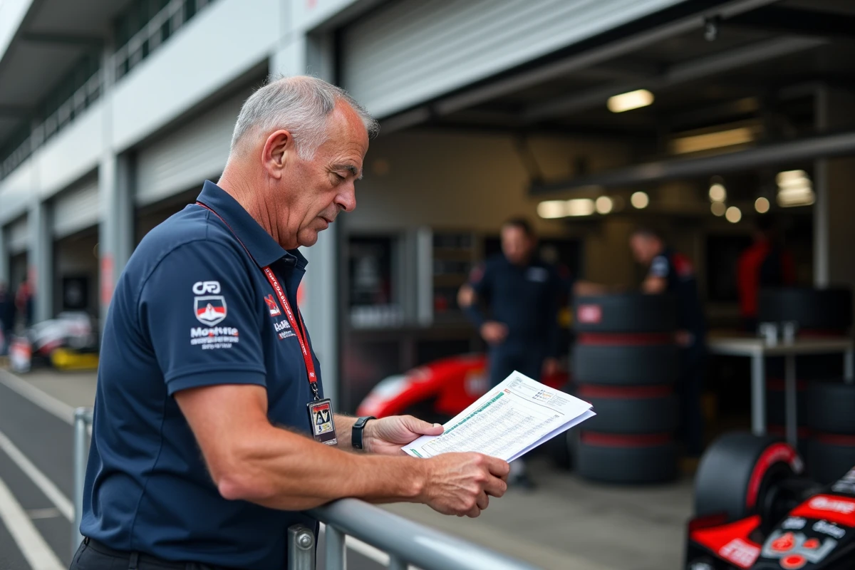 Amateur de course automobile dans le paddock consultant une feuille de chrono lors d'un week-end de compétition