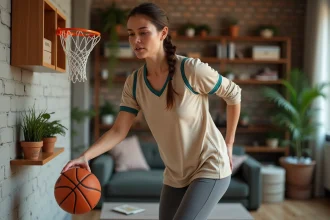 Femme jouant au basketball miniature avec un panier mural tendance dans un salon moderne et décoré