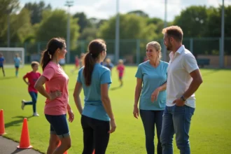Groupe de parents discutant près du terrain de football