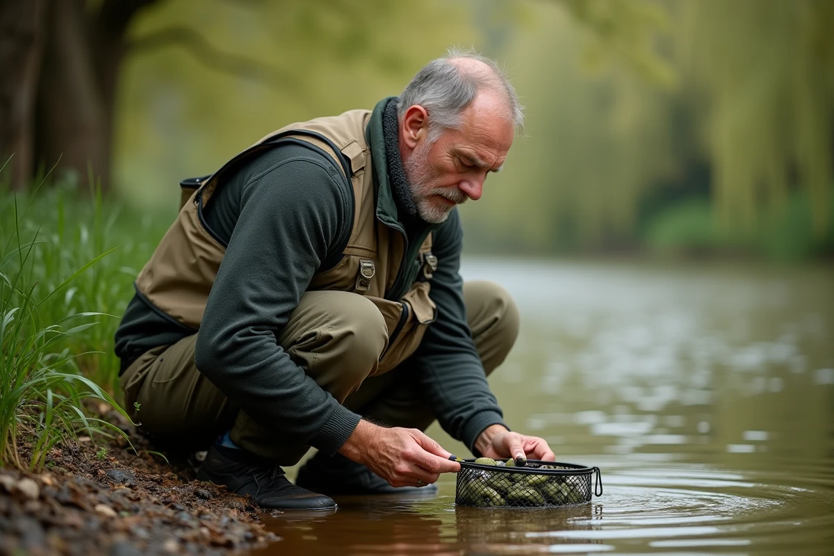 Pêcheur de carpe chargeant des bouillettes dans un feeder au bord d'une rivière française lors d'une session de pêche au coup