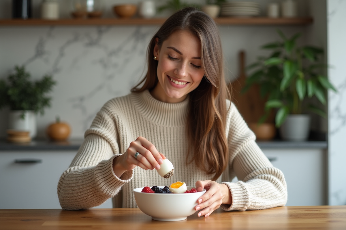 Jeune femme souriante dans une cuisine moderne avec bol de yogourt et fruits