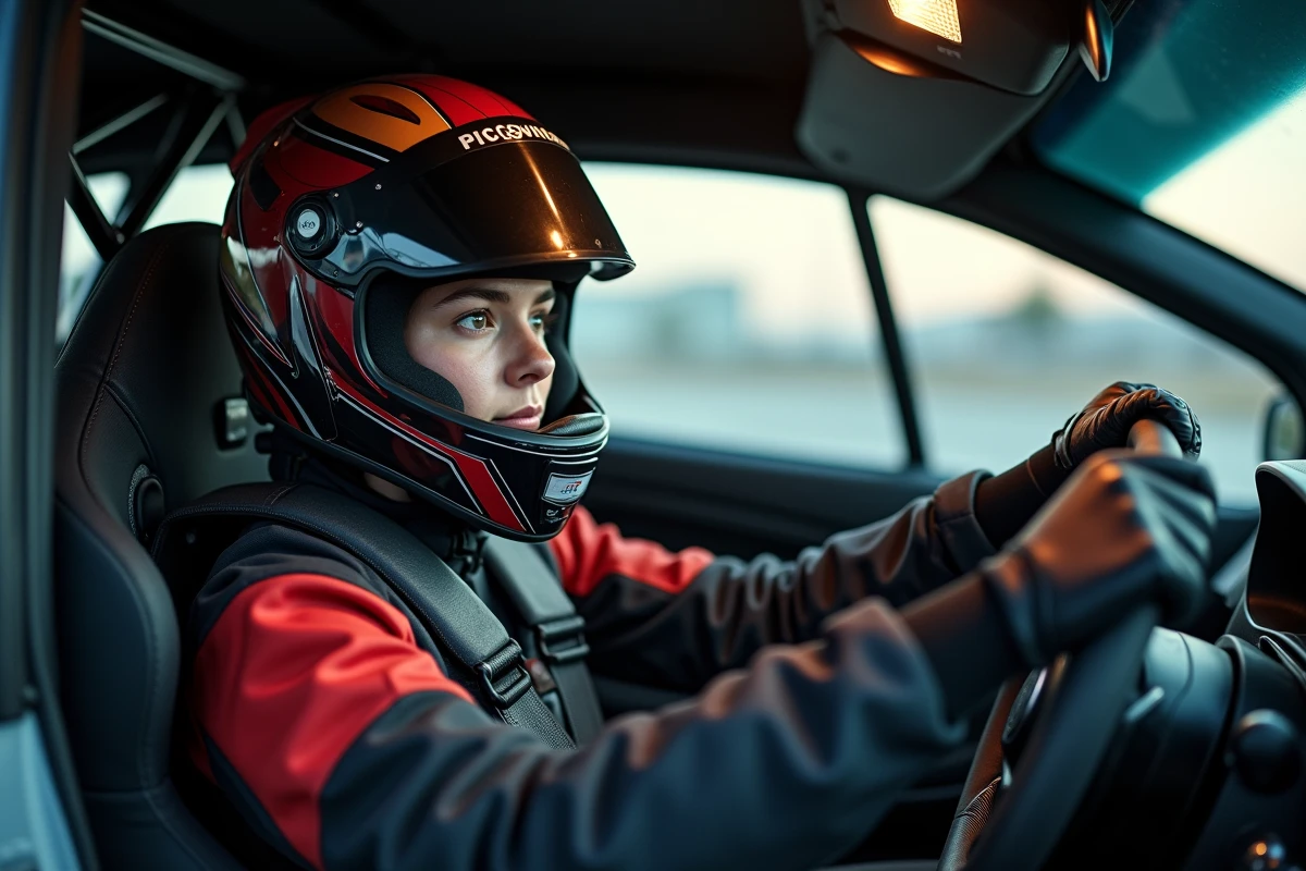 Pilote de rallye féminine dans le cockpit d'une voiture de course, les mains sur le volant, casque et harnais de sécurité