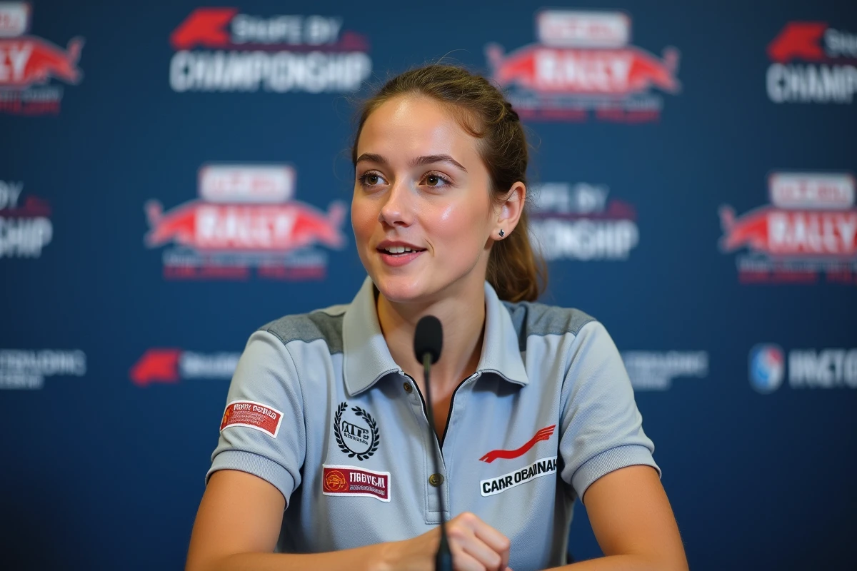 Jeune pilote de rallye féminine lors d'une conférence de presse officielle avec fond de sponsors de compétition automobile
