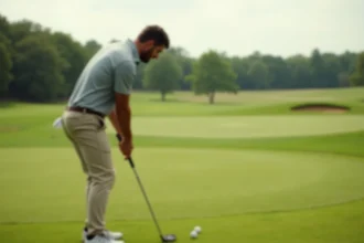 Golfeur pratiquant un coup de wedge sur une zone d'entraînement au petit jeu, technique de chipping pour progresser au golf