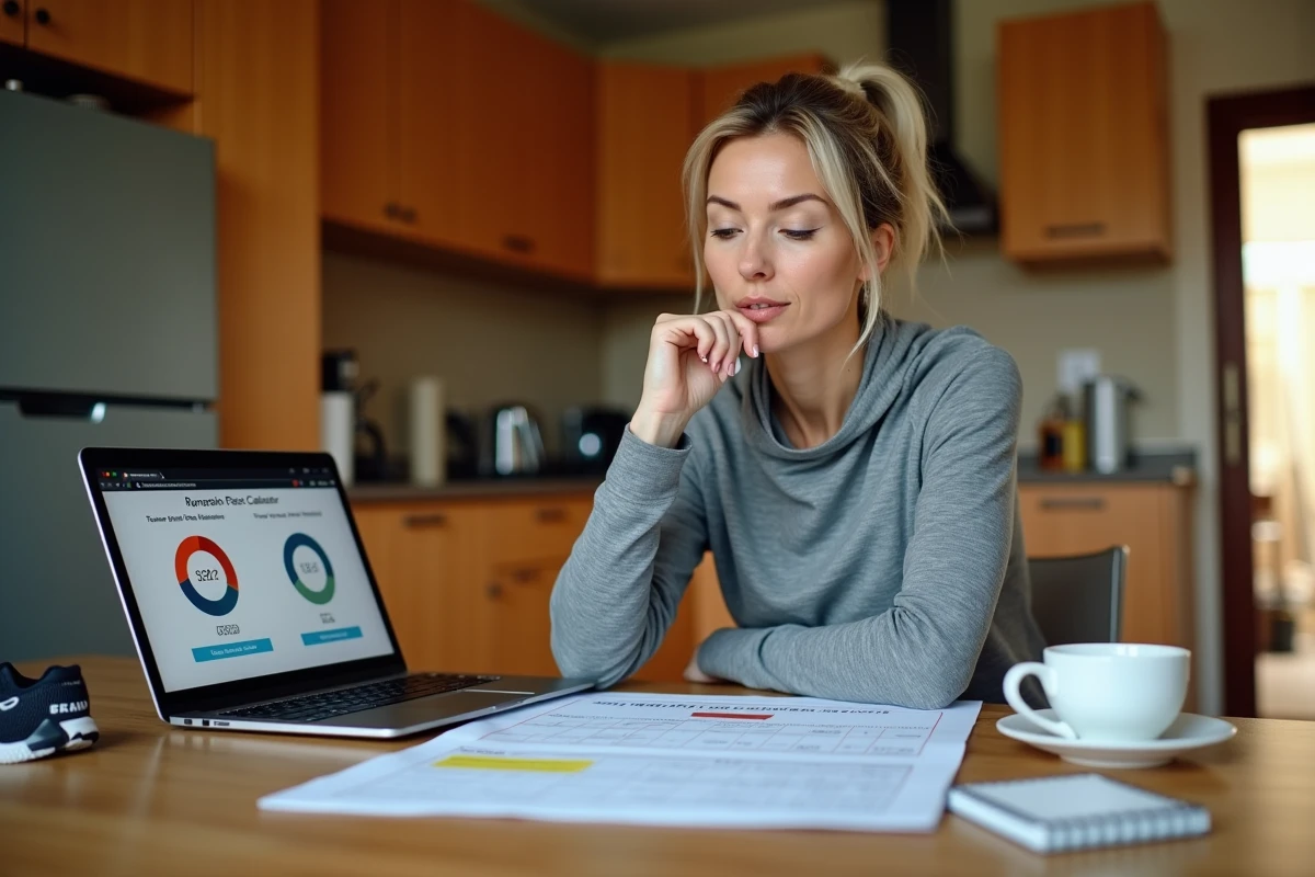 Femme préparant son plan d'allure marathon avec un tableau de calcul temps au kilomètre et un calculateur en ligne