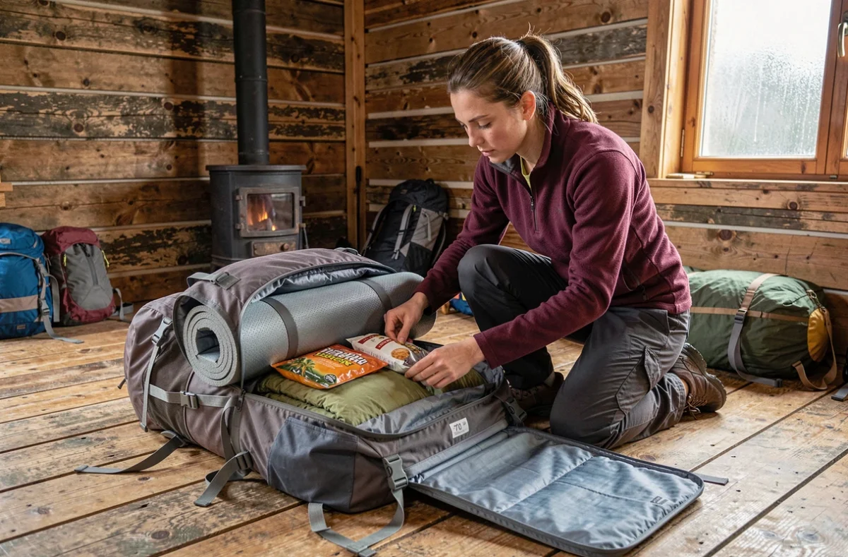 Randonneuse préparant son sac 70L pour un bivouac hivernal dans un refuge de montagne
