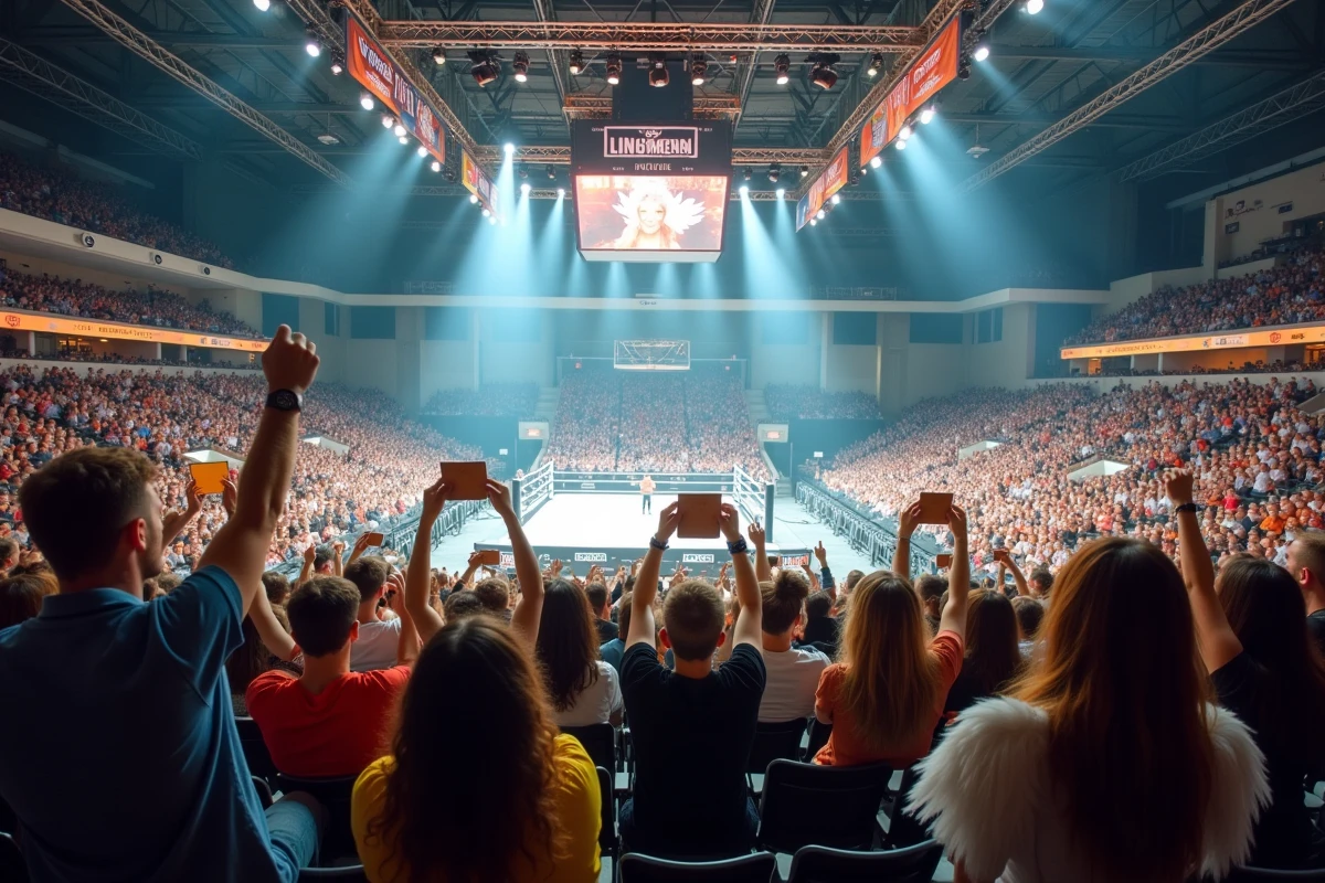Public enthousiaste dans une arène de catch professionnel portant des ailes d'ange blanches en hommage à un catcheur populaire, ambiance spectacle vivant authentique