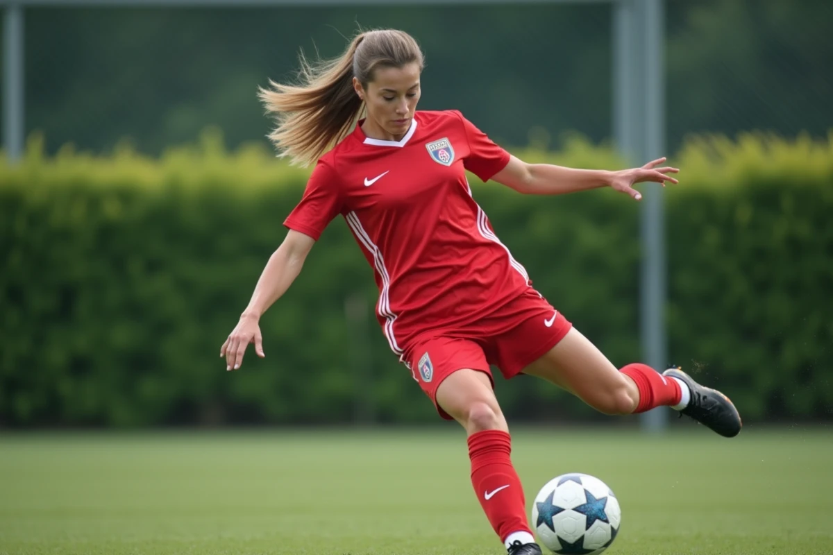 Joueuse de football effectuant une passe technique lors d'un entraînement, illustrant les qualités techniques d'une attaquante de haut niveau