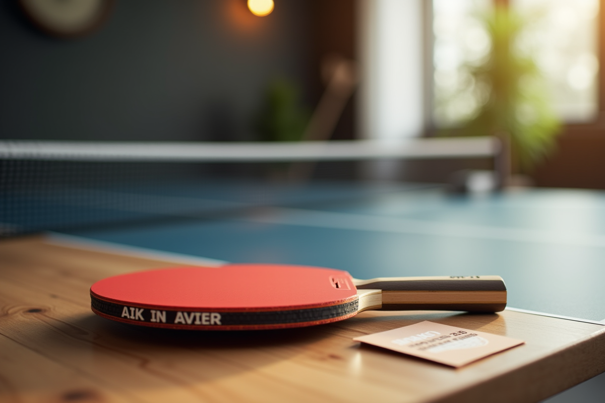 Raquette de ping pong posée sur une table en bois avec étiquette de prix