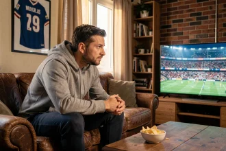 Homme regardant un match de foot en direct sur sa télévision depuis son canapé le dimanche soir
