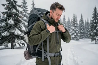 Randonneur ajustant la ceinture ventrale de son sac à dos 70L en montagne enneigée en hiver